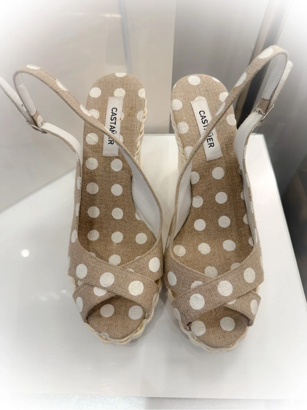 New Never worn Castanet Beige Polka Dot Espadrille Wedge Sandals Made in Spain